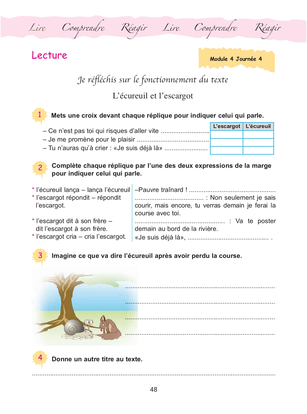 Cahier d'activités, page 48 : « Je réfléchis sur le fonctionnement du texte » — L'écureuil et l'escargot
